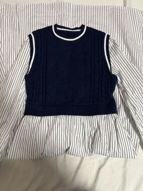 NWT Commence Striped Dress with Navy Cable Knit Vest